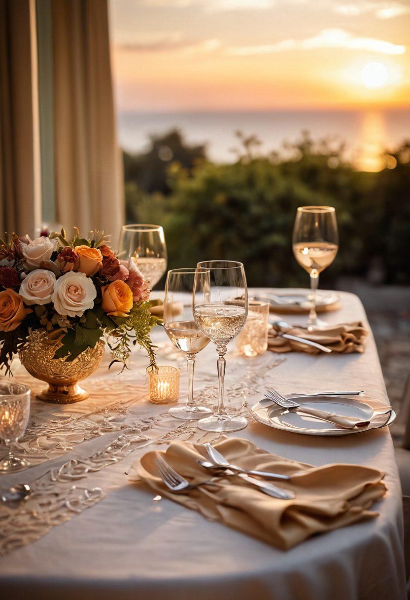 A soft-focus romantic scene featuring a beautifully set candlelit dinner table adorned with elegant floral arrangements and delicate crystal glassware. In the background, a dreamy sunset casts warm golden hues, while a couple is seen sharing an intimate laugh, wrapped in cozy fabrics. The ambiance exudes chic romance, highlighting textures like silk and lace. super-realistic. warm colors. soft lighting.