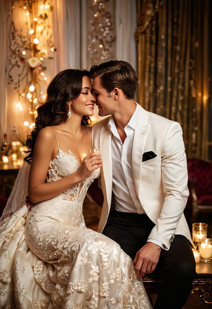 A stylish couple in elegant attire, surrounded by luxurious fabrics and soft candlelight, evoking a romantic atmosphere. The scene includes hints of seductive fashion like lace and silk, with a backdrop of whimsical roses and twinkling fairy lights. Capture their playful interaction as they share a flirtatious laugh, emphasizing a sense of allure and chic elegance. Art style: super-realistic. vibrant colors. romantic ambiance.