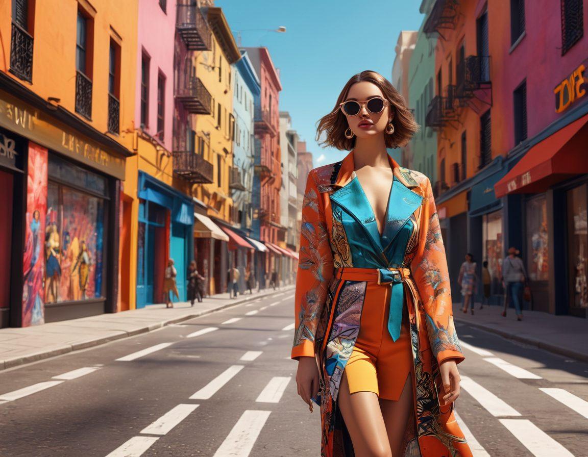 A stylish woman confidently strutting down a vibrant city street, adorned in luxurious, seductive fashion pieces that blend modern elegance with bold patterns. The background features high-fashion boutiques and colorful street art, creating a dynamic urban landscape. Soft sunlight casts beautiful shadows, highlighting the textures of the garments. super-realistic. vibrant colors. 3D.
